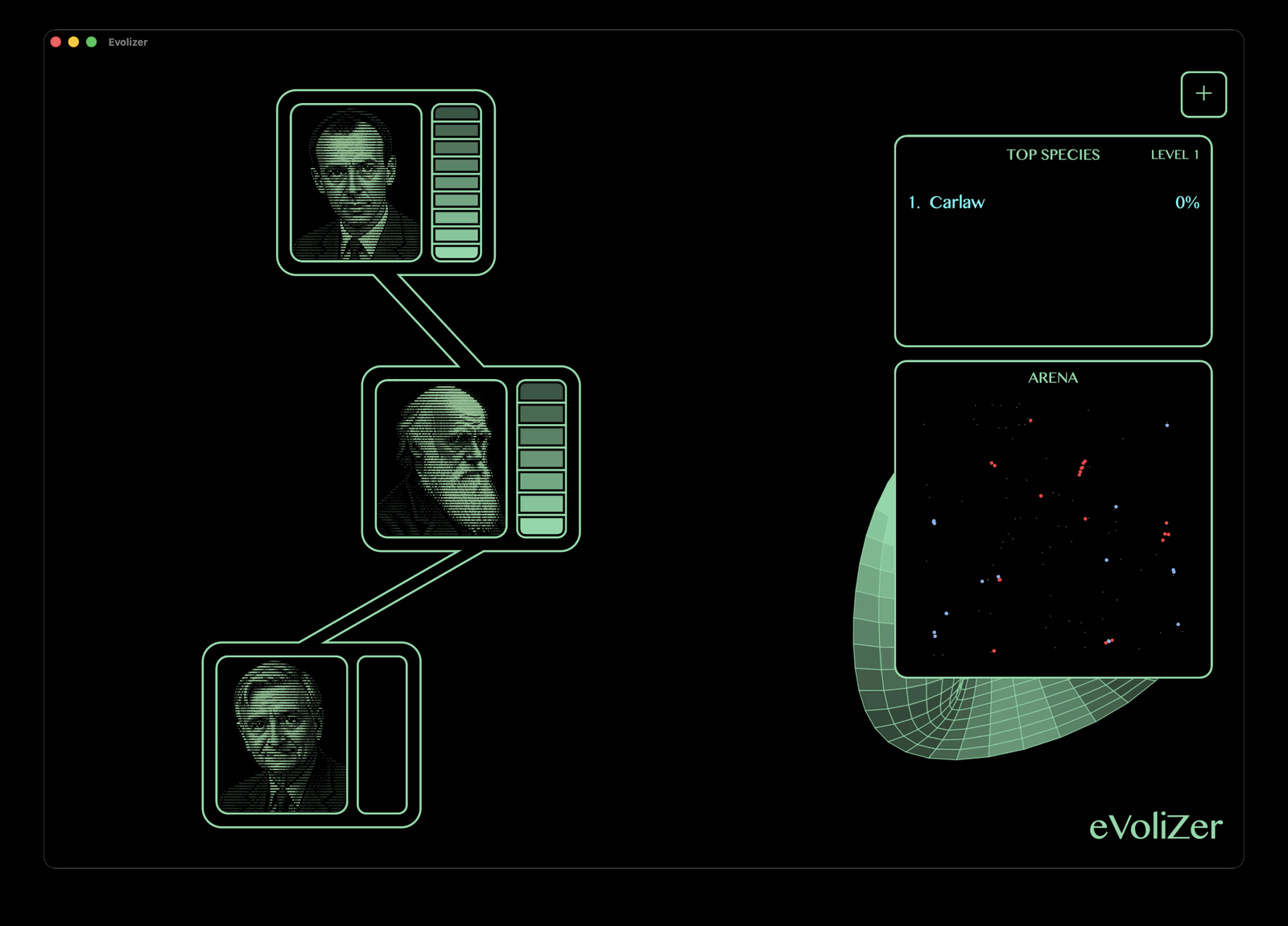 Evolizer — the species lineage, the TOP SPECIES leaderboard, and the live arena